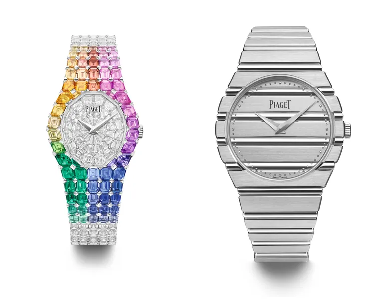 伯爵Essentia系列18K玫瑰金黑蛋白石面盤鑽石珠寶腕錶（左圖）、Essentia系列18K玫瑰金土耳其石面盤鑽石珠寶腕錶（右圖）。品牌提供