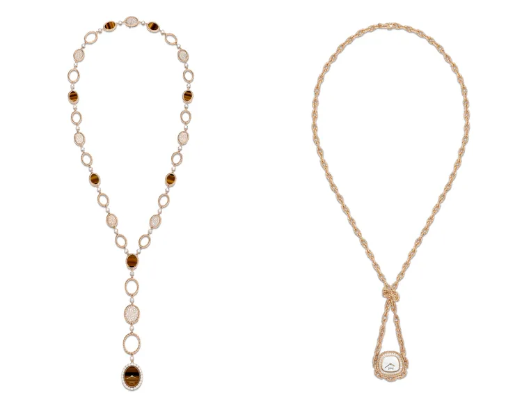 伯爵Swinging Sautoir 18K玫瑰金虎眼石鑽石長項鍊錶（左圖）、Swinging Sautoir 18K 玫瑰金珍珠母貝面盤鑽石長項鍊錶（右圖）。品牌提供