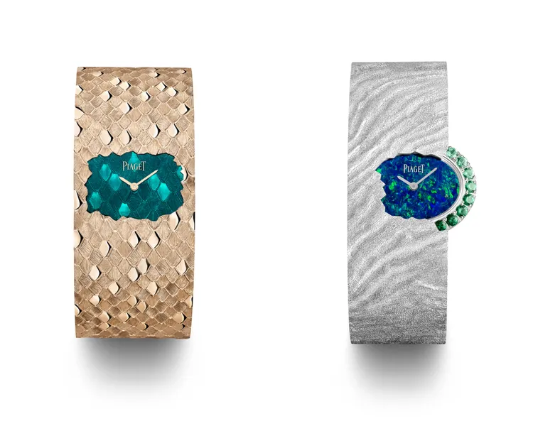 伯爵18K玫瑰金鱗紋綠色琺瑯面盤手鐲腕錶（左圖）、18K白金湖水紋黑蛋白石面盤祖母綠手鐲腕錶（右圖）。品牌提供