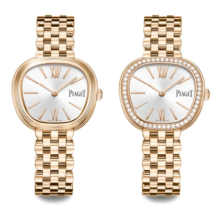 伯爵SIXTIE系列29mm玫瑰金珠寶腕錶（左圖）107萬元、玫瑰金鑽石珠寶腕錶（右圖）126萬元。品牌提供