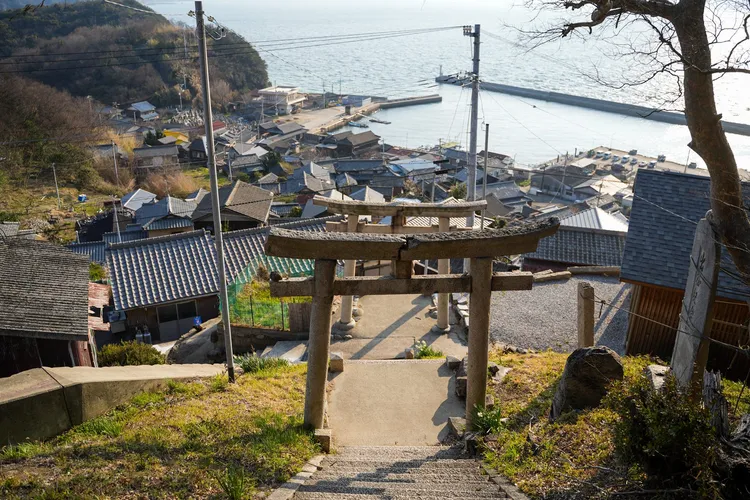 從豐玉姬神社俯瞰，民居錯落在陡峭的山坡之上。田欣雲攝影