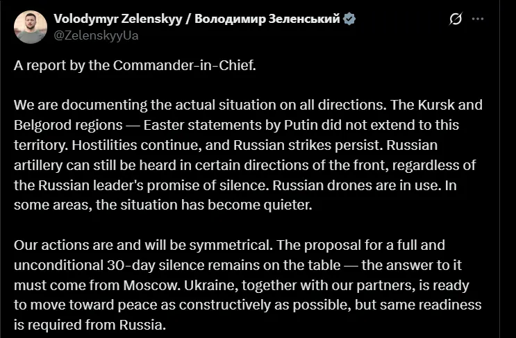 烏克蘭總統澤連斯基指控普丁立刻破壞停火。翻攝X@Volodymyr Zelenskyy
