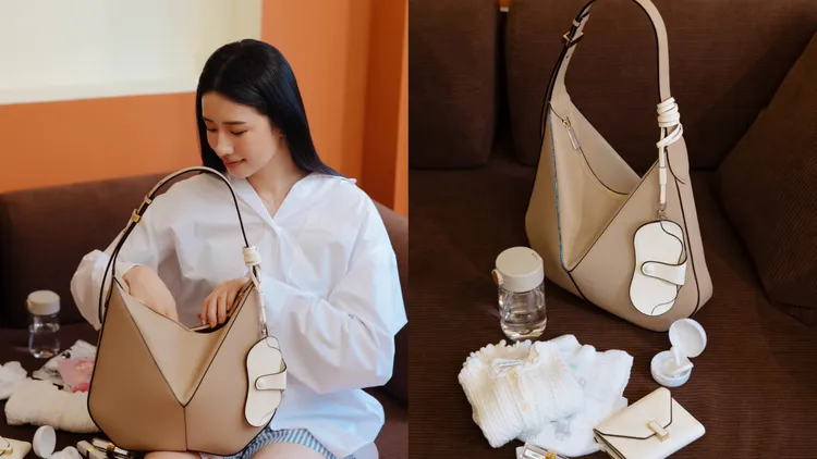 趙岱新拿Valextra VIVI Hobo包當「媽媽包」。品牌提供