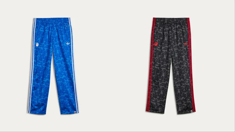 adidas Originals、BAPE藍白迷彩長褲（左）、黑紅迷彩長褲（右），各5290元。品牌提供