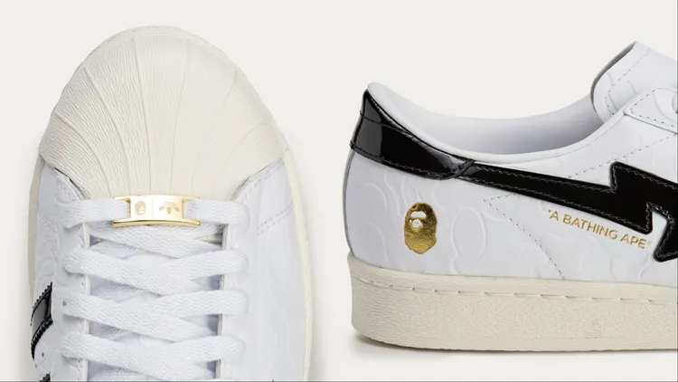 「SSTR V BAPE」延續經典貝殼頭，鞋側則以金箔Ape Head猿人頭像點綴。品牌提供