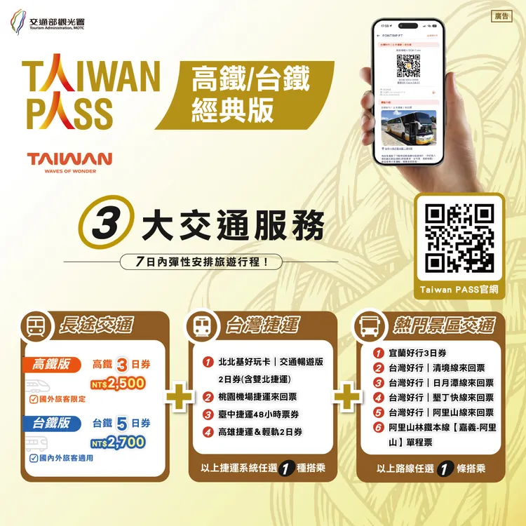 「Taiwan PASS」經典版升級，新增阿里山林鐵本線及宜蘭好行三日券等。觀光署提供
