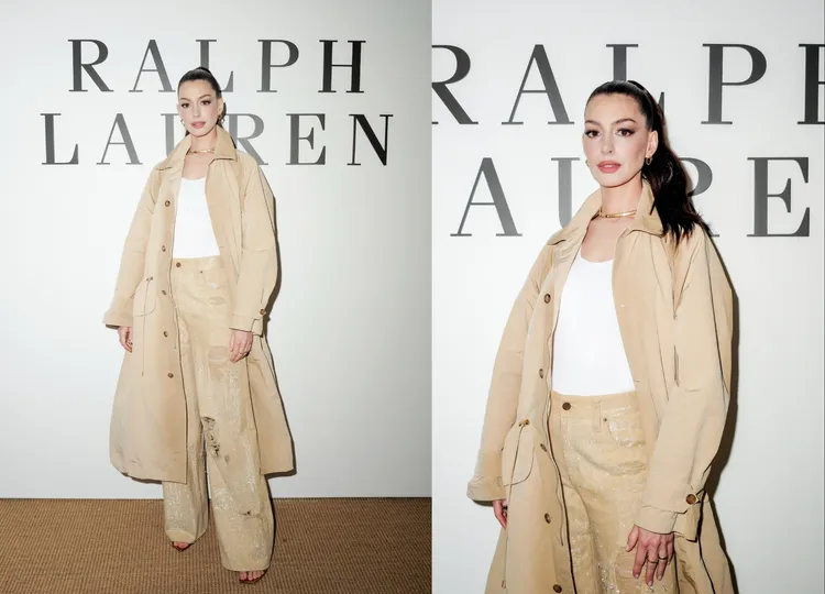 安海瑟薇以長版抽繩外套配上同色系亮片破褲。品牌提供