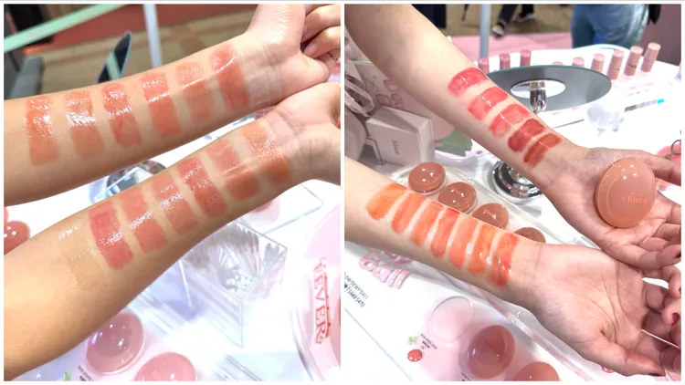 hince冰透蜜糖唇頰膏，左圖為薄搽、右圖為厚搽。張家玲攝