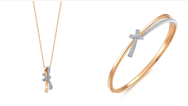 PROMESSA 同心結18K白金玫瑰金鑽石項鍊（左）4萬1400元、PROMESSA 同心結18K白金玫瑰金鑽石手鐲（右）15萬5400元。品牌提供