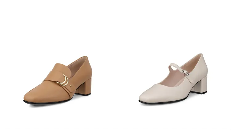 ECCO「SHAPE 35 SQUARED」羊皮樂福高跟鞋（左）、真皮瑪莉珍高跟鞋（右），各6980元。品牌提供