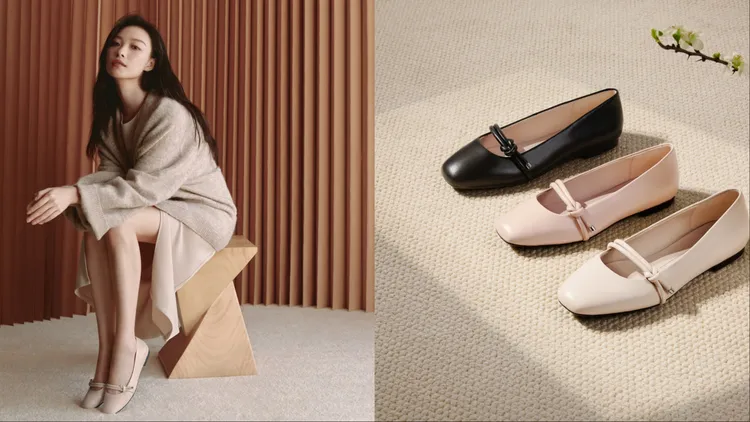 倪妮以針織衫搭配「MARGOT」羊皮芭蕾舞娃娃鞋，穿出溫柔魅力。品牌提供