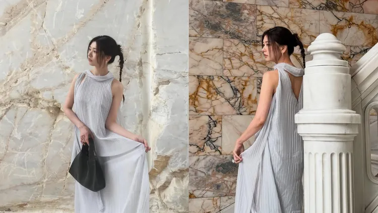 庭沼珉以編髮造型搭配灰色細褶洋裝。翻攝庭沼珉IG