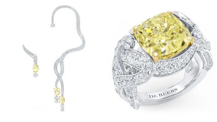 Interlace鑽石耳掛（左）255萬元、鑽石雞尾酒戒指（主鑽8.75克拉枕形切割濃彩黃鑽）。品牌提供