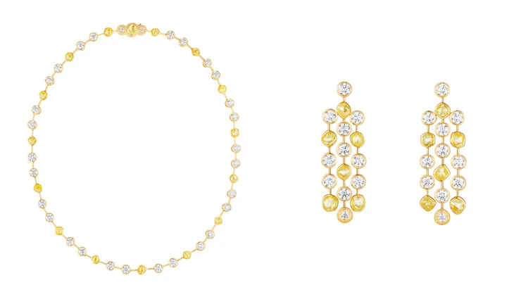 Talisman Rough Lines高級珠寶鑽石項鍊（左）323萬元、鑽石垂墜式耳環（右）255萬元。品牌提供