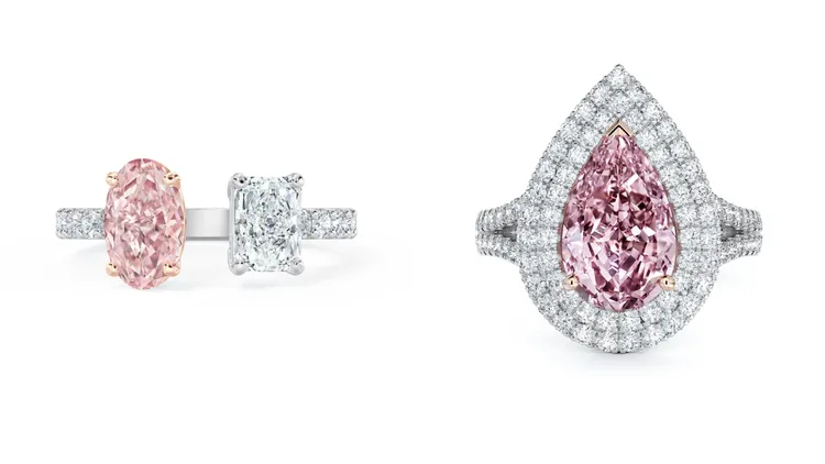 Tou et Moi高級珠寶橢圓形切割粉紅鑽戒指（左）、Aura Double Halo高級珠寶梨形切割粉紅鑽戒指（右）。品牌提供