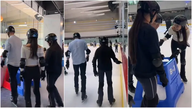 Mandy和玥兒牽著汪小菲溜冰。翻攝微博