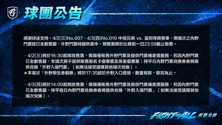 富邦悍將球團公告4/2、4/3內野門票完售。球團提供