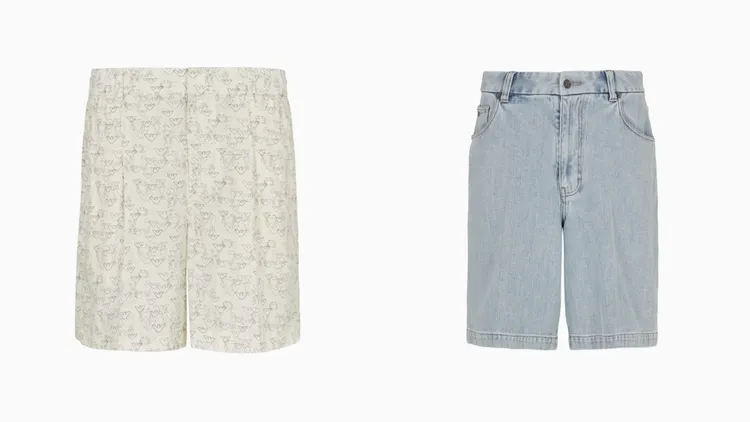 EMPORIO ARMANI滿版Logo短褲（左）1萬2800元、牛仔短褲（右）1萬3800元。品牌提供