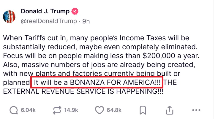 川普的發大財貼文。翻攝自
Truth Social