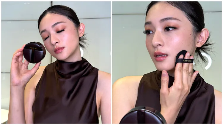 Model示範TOM FORD立體光影柔霧氣墊粉餅。張家玲攝