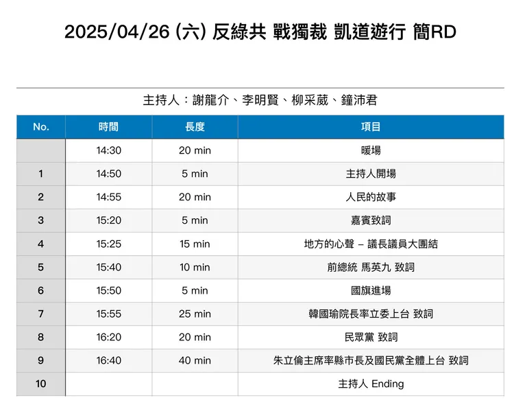 4/26凱道遊行，活動流程。國民黨提供