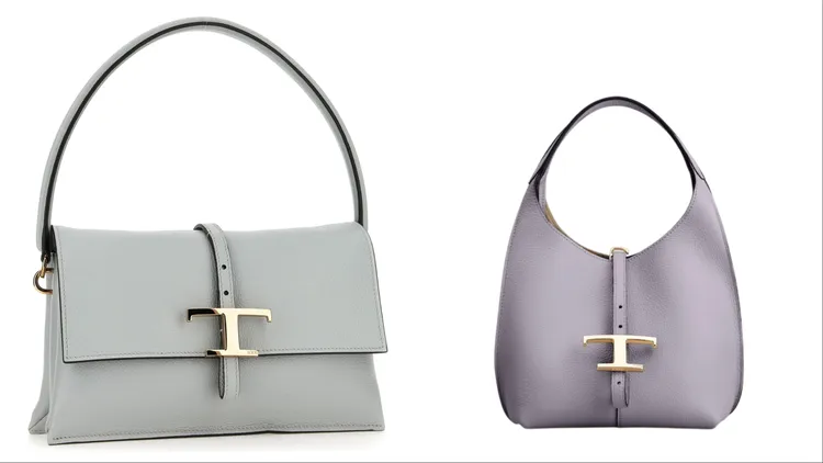 TOD'S T TIMELESS灰色翻蓋斜背包（左）7萬5900元、T TIMELESS紫色手提斜背包（右）6萬4900元。品牌提供