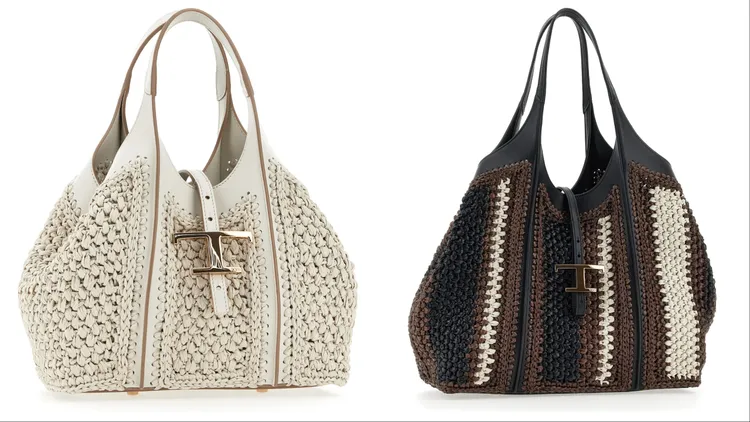 TOD'S T TIMELESS白色拉菲草托特包（左）10萬500元、T TIMELESS拼色中型拉菲草托特包（右）12萬5000元。品牌提供