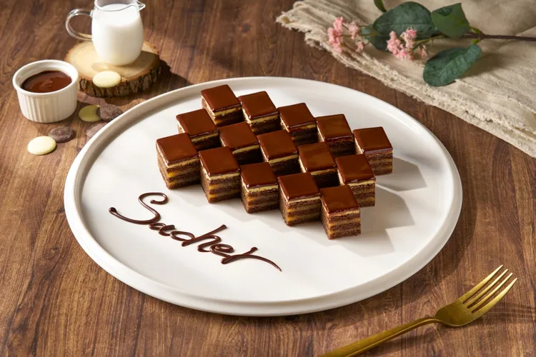 號稱奧地利國寶級甜點的「沙哈蛋糕」巧克力蛋糕夾杏桃果醬，酸甜交織。君品Collection提供