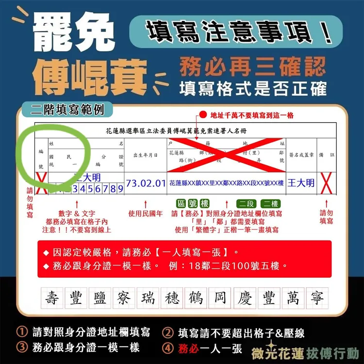 傅崐萁罷免連署書出包，疑似就是因為先提供的單子格式有誤。翻攝自賴苡任臉書