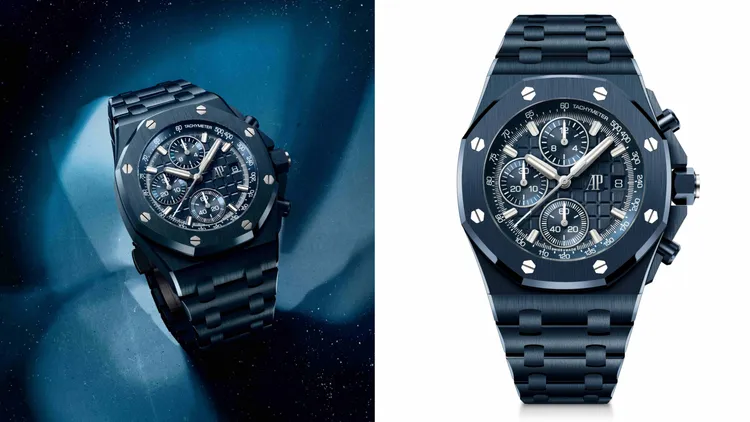 AP ROYAL OAK OFFSHORE皇家橡樹離岸型自動上鏈計時碼錶，42mm，雲夜藍50陶瓷錶殼，雲夜藍 50 Mega Tapisserie超大型格紋裝飾錶盤，雲夜藍50陶瓷錶鍊，4404 自動上鏈機芯，動力儲存70小時，防水深度100米。品牌提供