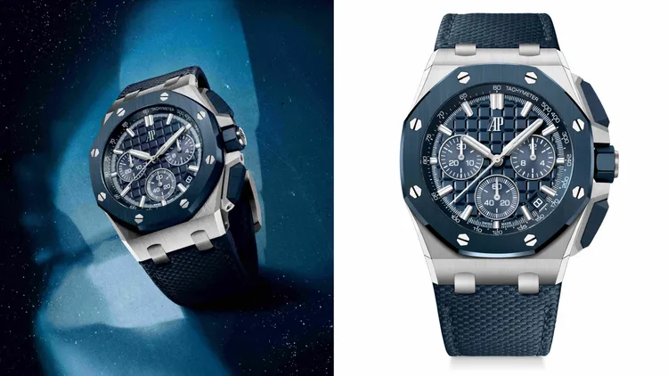 APROYAL OAK OFFSHORE皇家橡樹離岸型自動上鏈計時碼錶，43mm，精鋼錶殼，雲夜藍 50 Mega Tapisserie超大型格紋裝飾錶盤，雲夜藍 50紋理效果小牛皮錶帶，4401 自動上鏈機芯，動力儲存70小時，防水深度100米。品牌提供