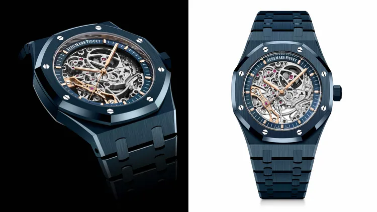 AP ROYAL OAK皇家橡樹系列鏤空雙擺輪腕錶，41mm，雲夜藍50陶瓷錶殼，雲夜藍50陶瓷錶鍊，3132 自動上鏈機芯，動力儲存35小時，防水深度50米。品牌提供