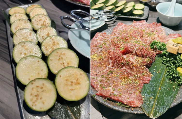 5個女生到台南無菜單燒烤店用餐共付了15000多元，14片櫛瓜880元（左），右圖肩胛五花收費4600元。翻攝Threads