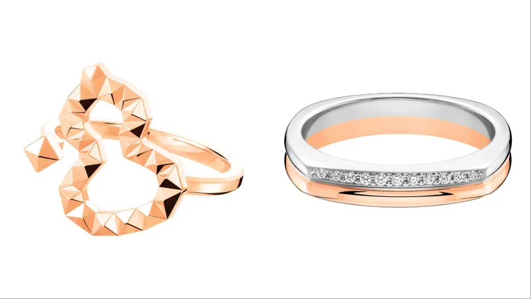 Qeelin Wulu 18 18K玫瑰金戒指（左）5萬3000元、Tien Di 18K玫瑰金鉑金及鑽石戒指（右）9萬2500元。品牌提供