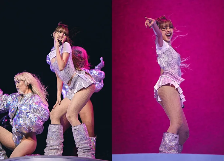 白色緊身上衣與百褶迷你裙皆佈滿SWAROVSKI水晶。翻攝Lisa IG