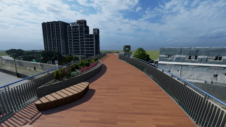 景觀橋上設有休息空間並以花台美化(模擬圖)。水利局提供