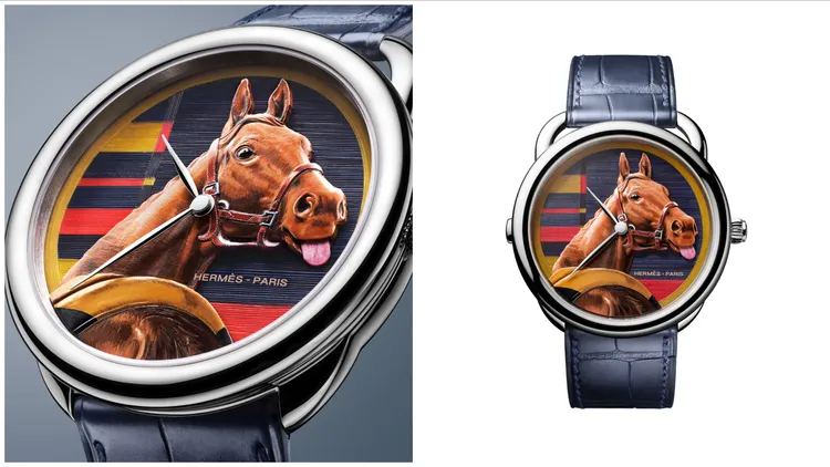 愛馬仕Arceau Rocabar de rire工藝腕錶，41mm，白K金錶殼，手工雕刻可動的馬兒並彩繪後組裝在黃銅錶盤上，霧面深海藍色短吻鱷魚皮錶帶，愛馬仕自製H1837自動上鍊機械機芯，動力儲存50小時，全球限量12只。品牌提供