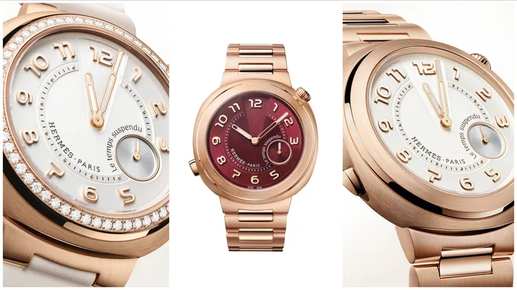 愛馬仕Hermès Cut Le temps suspendu暫停時間腕錶，39mm，750 5N緞面打磨玫瑰金錶殼，放射紋紅色或銀白色錶盤，愛馬仕自製H1912自動上鍊機芯，動力儲存45小時。品牌提供