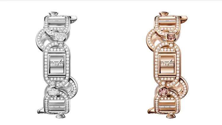 愛馬仕Maillon libre系列手鍊腕錶，16.5*27.7mm，拋光750 5N玫瑰金和拋光750白金錶殼，拋光750 5N玫瑰金或拋光750白金錶盤/錶帶，石英機芯。品牌提供