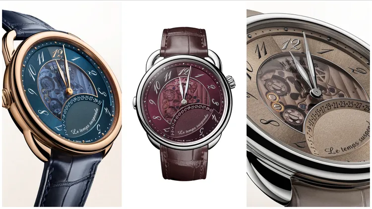 愛馬仕Arceau Le temps suspendu暫停時間腕錶，42mm，白金或750 5N玫瑰金錶殼，放射紋裝飾rouge sellier、brun désert或藍色錶盤錶盤，愛馬仕自製H1837自動上鍊機芯，杜立儲存45小時。品牌提供