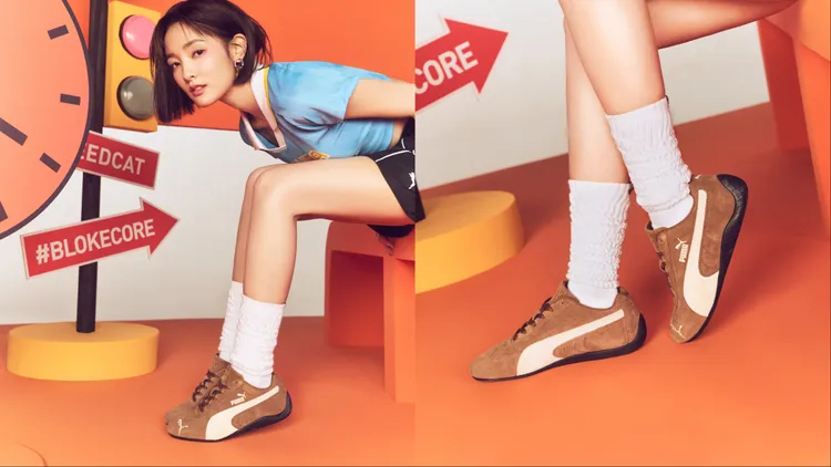 王淨腳上的摩卡棕色SPEEDCAT OG賽車鞋是造型重點。品牌提供