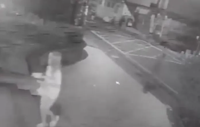 女子快步進入社區，後方男子始掉頭離去。翻攝臉書桃園大小事