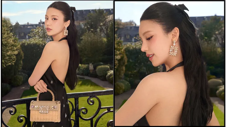 禮志搭配華麗又清新的夏日花鑽藤編包。品牌提供