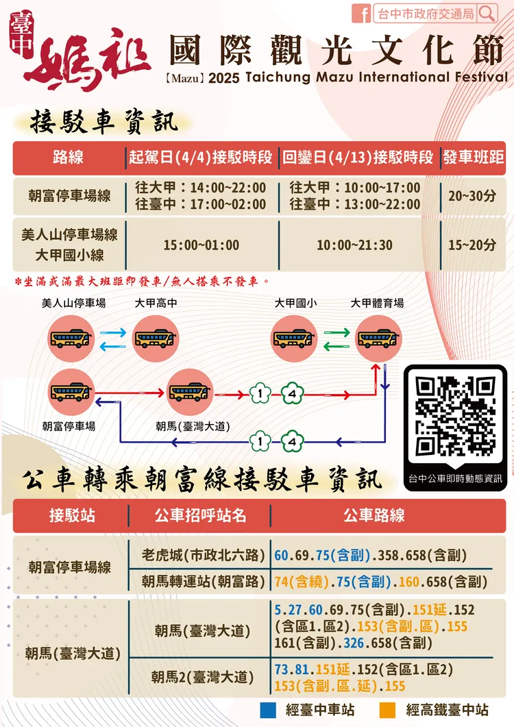 大甲媽祖遶境起駕、回鑾接駁車資訊。市府提供