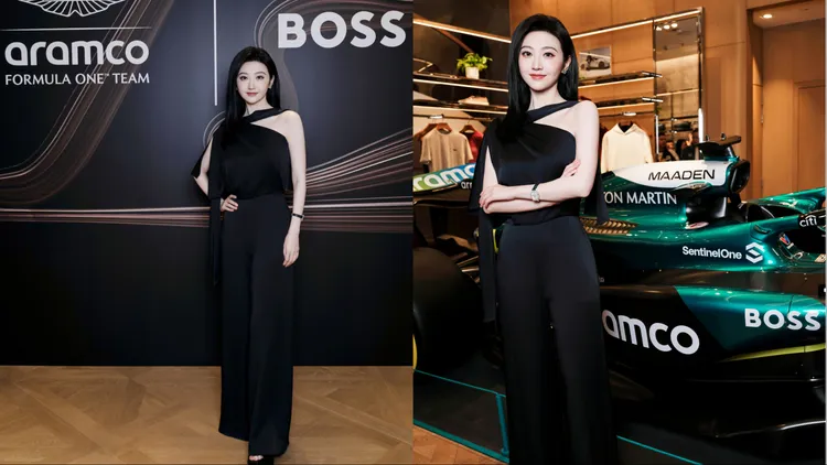 景甜以繞脖設計的俐落褲裝登場。品牌提供