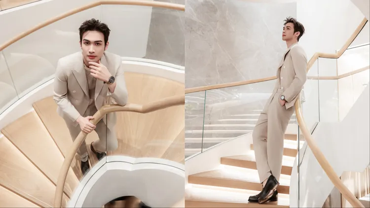 張彬彬換上BOSS米灰色西裝套裝。品牌提供