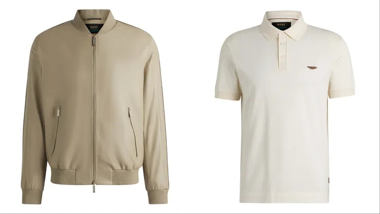BOSS x Aston Martin米色小羊皮飛行員夾克（左）6萬1900元、米色真絲混紡Polo衫（左）1萬2400元。品牌提供