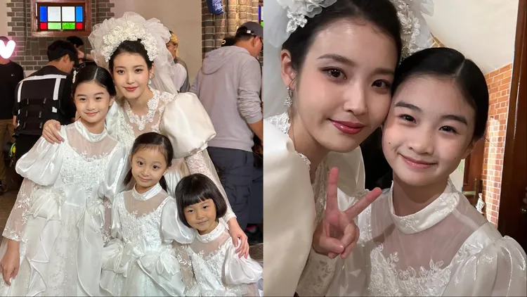 IU與3位飾演「金明」不同時期的童星一同合影，4人還換上一樣的婚紗。翻攝IU IG