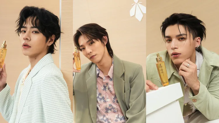 佳辰（左起）、煥鈞、哲言分享使用「皇家蜂王乳平衡油精華」的心得。品牌提供