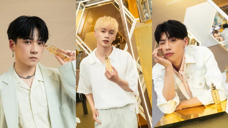 祖安（左起）、子翔、文廷分享使用「皇家蜂王乳平衡油精華」的心得。品牌提供